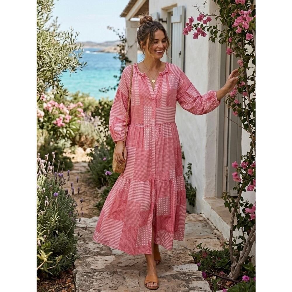 FLANNEL Pink Patchwork Tiered Cotton Maxi Dress Size 1/S